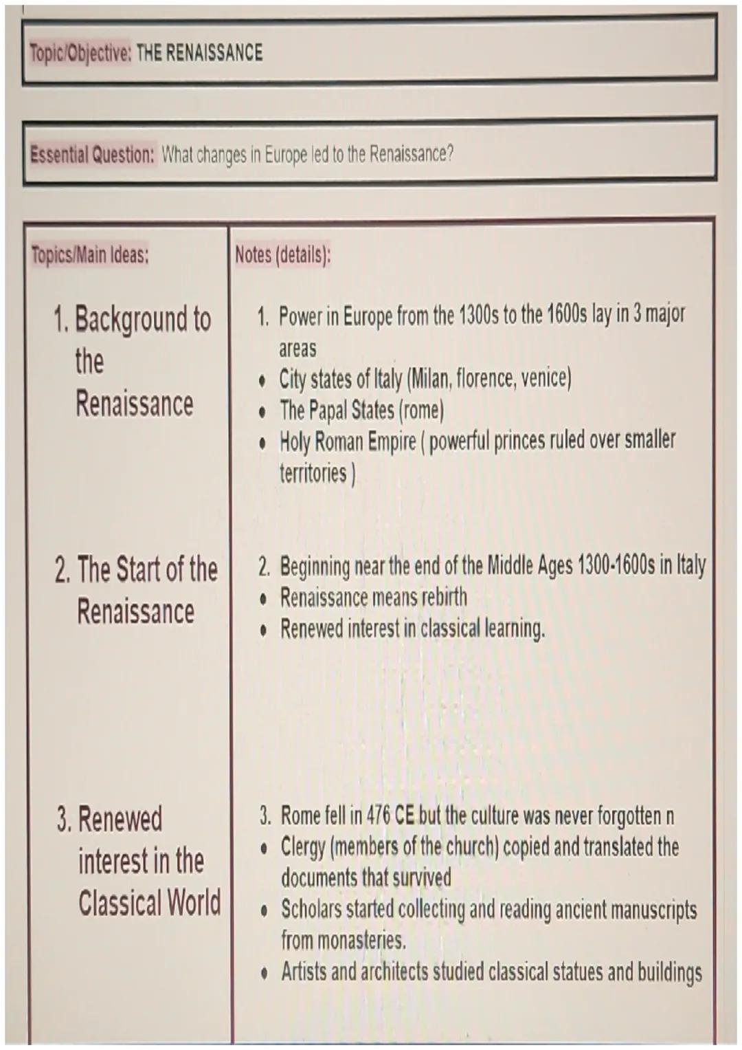 Topic/Objective: THE RENAISSANCE

Essential Question: What changes in Europe led to the Renaissance?

Topics/Main Ideas:
Notes (details):

1
