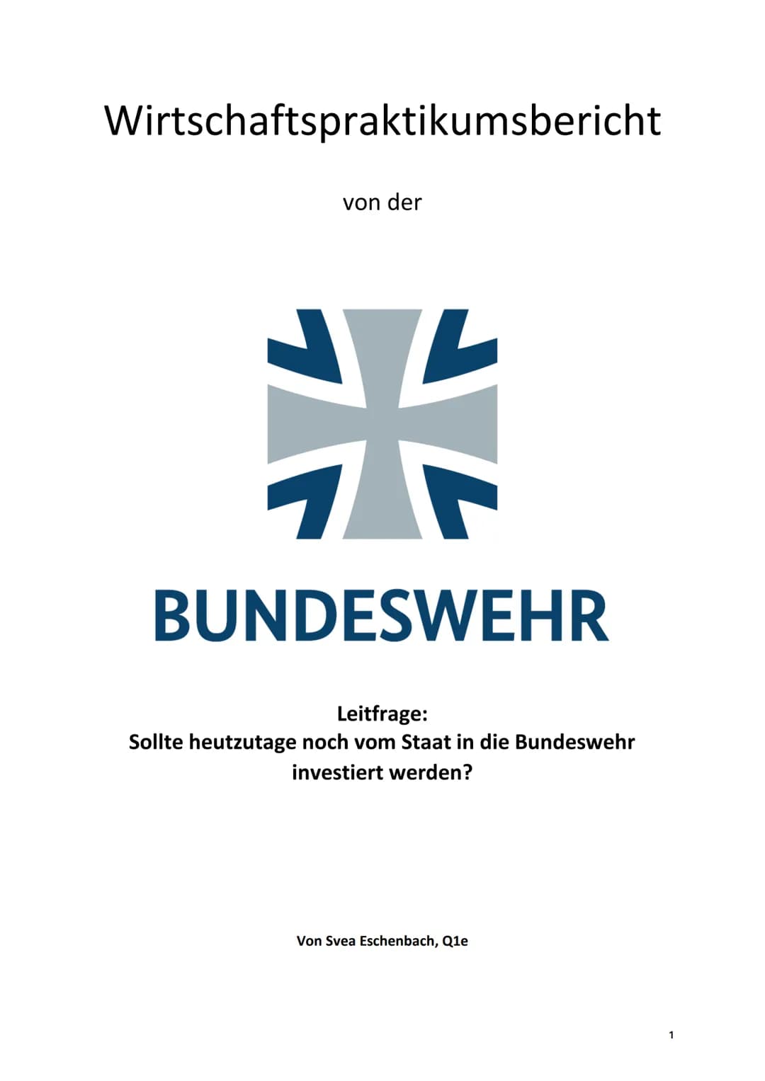 # Wirtschaftspraktikumsbericht

von der

BUNDESWEHR

Leitfrage:
Sollte heutzutage noch vom Staat in die Bundeswehr
investiert werden?

Von S