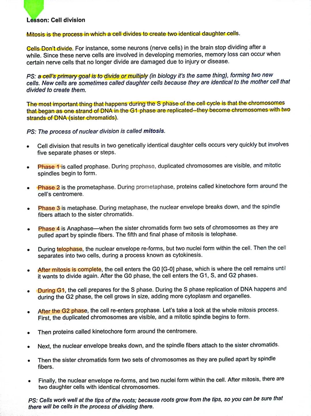 # Lesson: Cell division

Mitosis is the process in which a cell divides to create two identical daughter cells.

Cells Don't divide. For ins