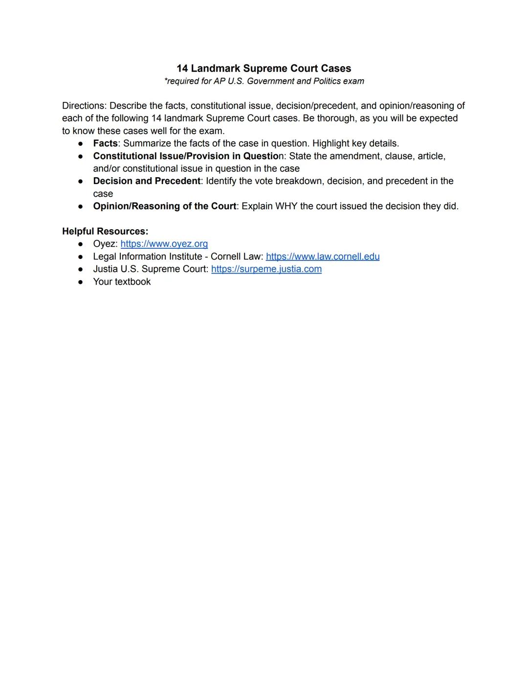 
<p>In this guide, we will describe the facts, constitutional issues, decision/precedent, and opinion/reasoning of the following 14 landmark