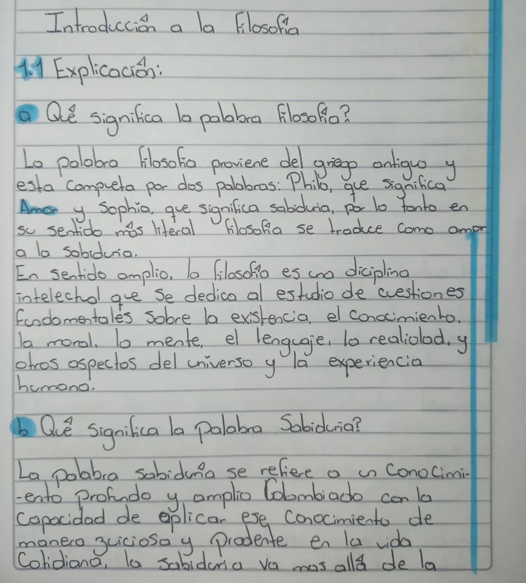 Introducción a la Filosofia

1.1 Explicación:

a Qué significa la palabra filosofia?

Lo polobra filosofia proviene del griego antiguo y
est