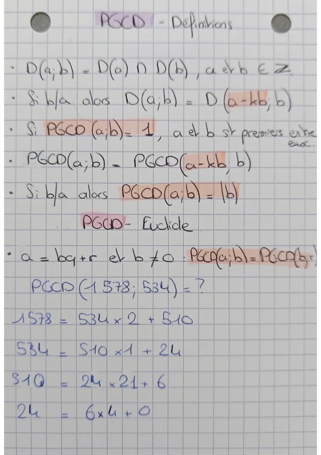 # PGCD - Defintions

- D(a;b) = D(a) n D (b), aero $\mathbb{E}$Z
- Sibla alors D(a;b) = D (a-ko, o)
- Si PGCO (a;b)= 1, a et b st premies ei
