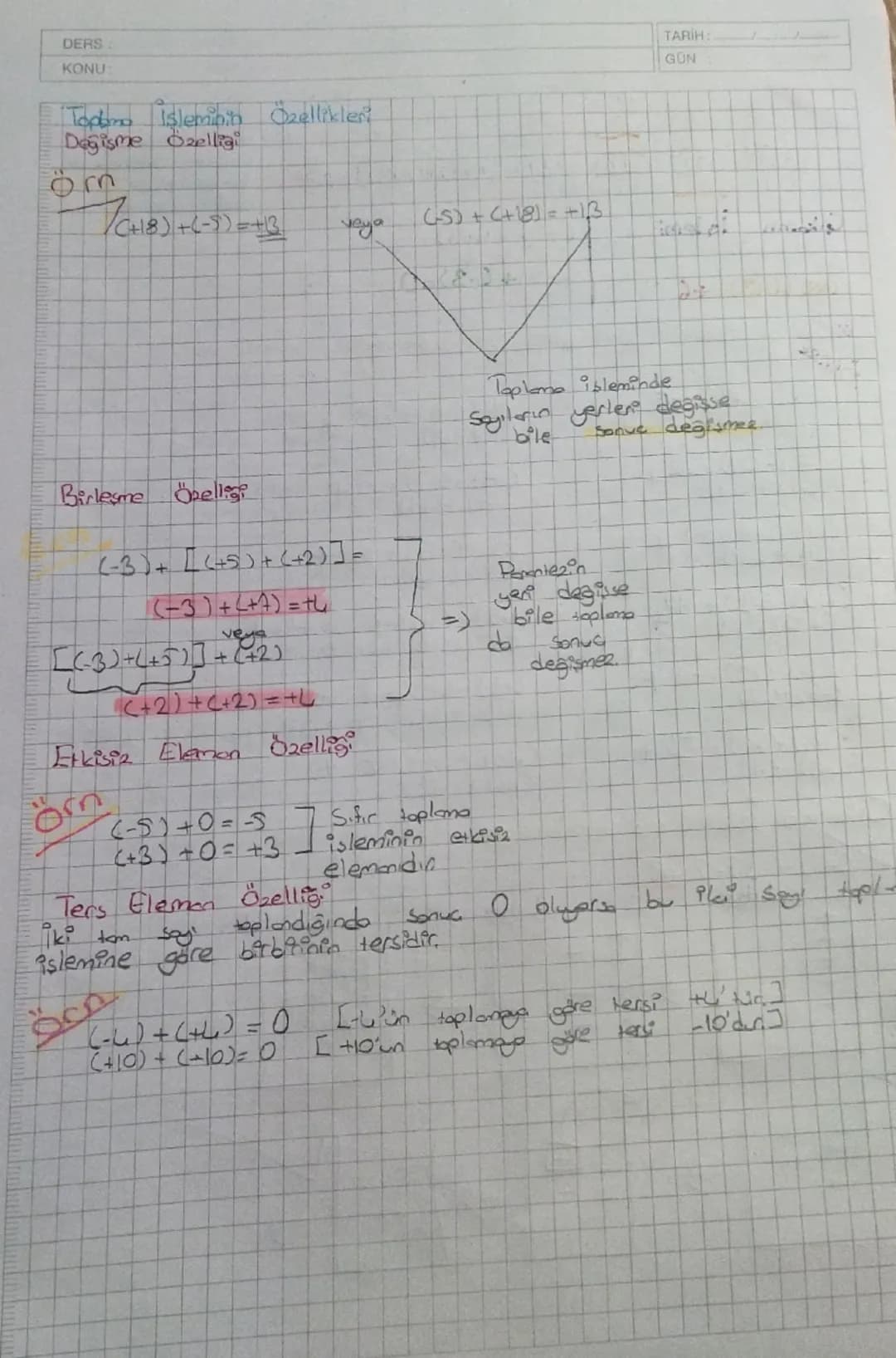 DERS
KONU

Toplama işleminin Özellikler
Değişme Özelligi

öm

(+18)+(-5)=+3 veya (5)+(+18) = +13

TARIH
GON

Birleşme Öselleg

(-3)+[(+5)+(+