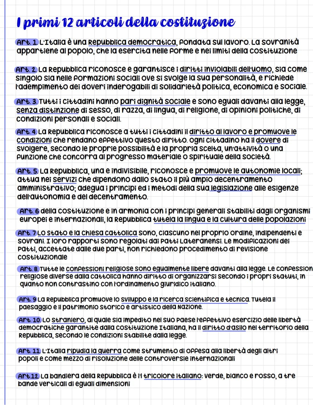 # I primi 12 articoli della costituzione

Art. 1. L'Italia è una repubblica democratica, fondata sul lavoro. La sovranità
appartiene al popo