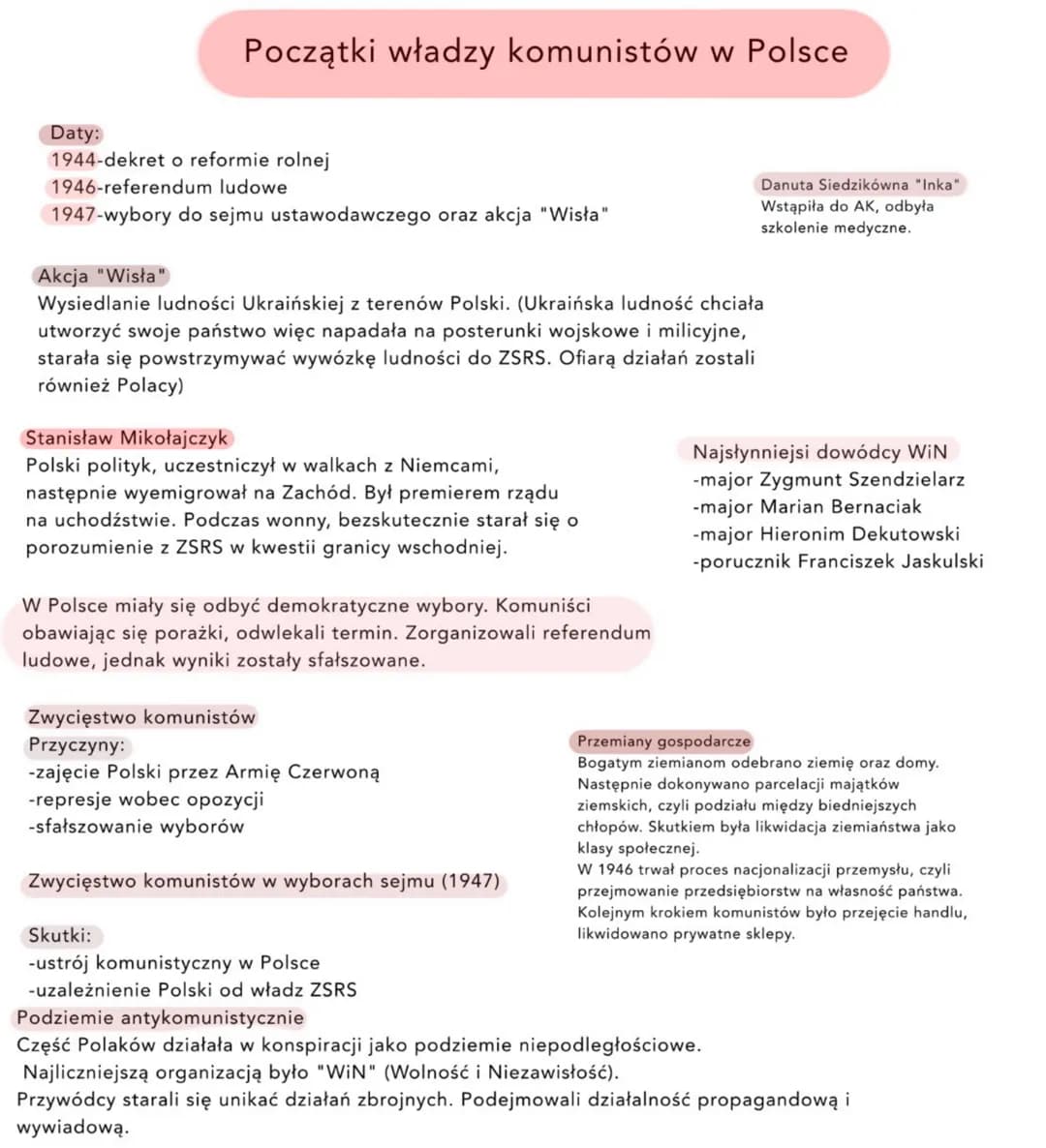 # Początki władzy komunistów w Polsce

Daty:
1944-dekret o reformie rolnej
1946-referendum ludowe
1947-wybory do sejmu ustawodawczego oraz a