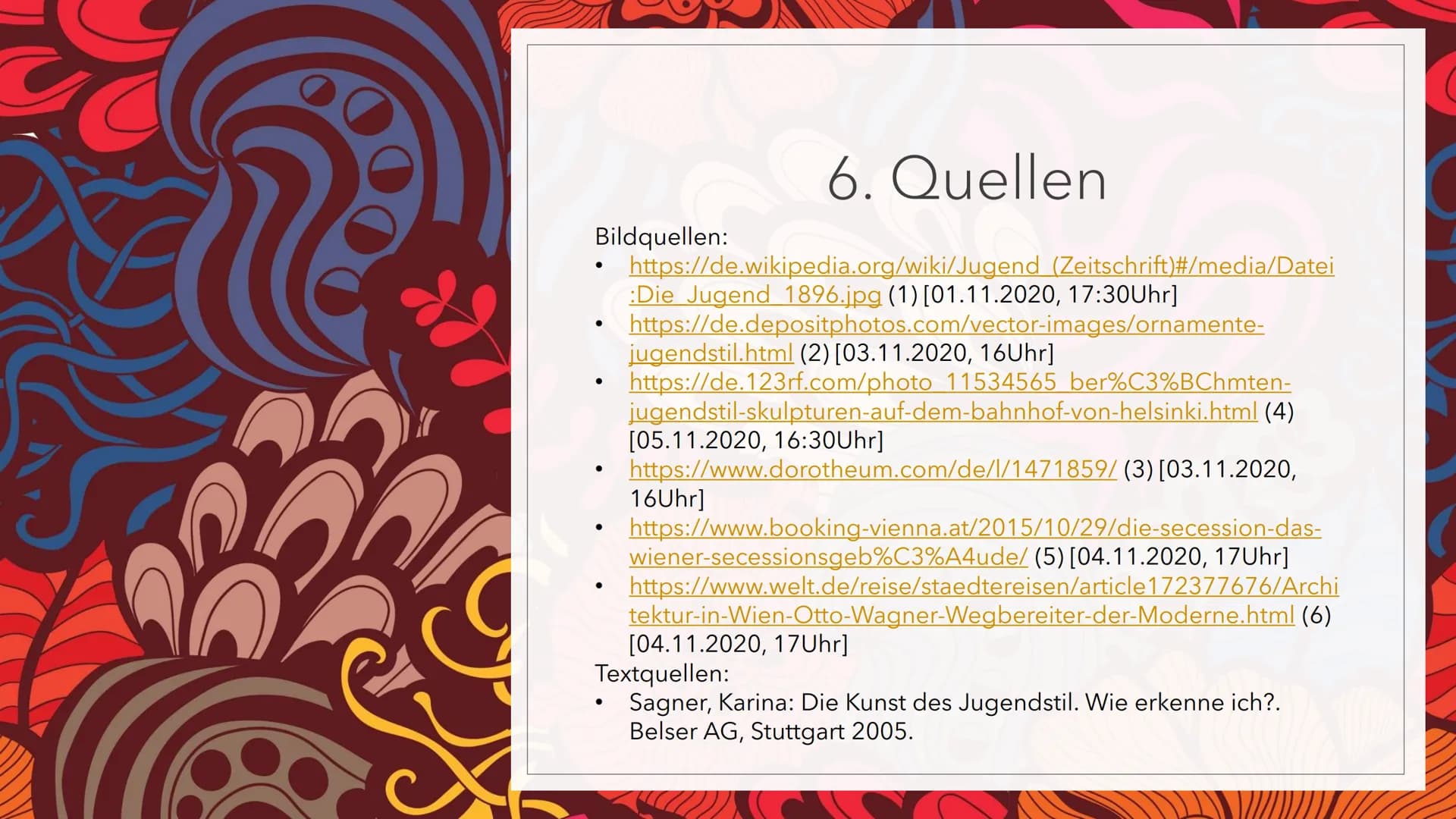 JUGENDSTIL # Gliederung

1. Entstehung

2. Lebensreformbewegung

3. Allgemeine Merkmale

4. Architektur

5. Skulptur

6. Quellen (1)

JUGEND
