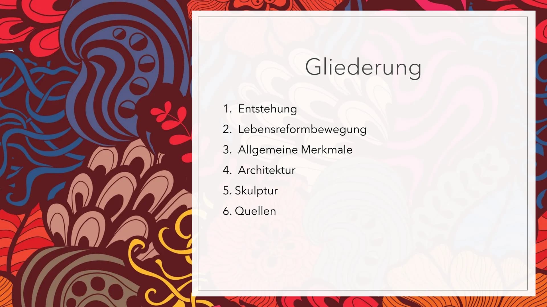 JUGENDSTIL # Gliederung

1. Entstehung

2. Lebensreformbewegung

3. Allgemeine Merkmale

4. Architektur

5. Skulptur

6. Quellen (1)

JUGEND