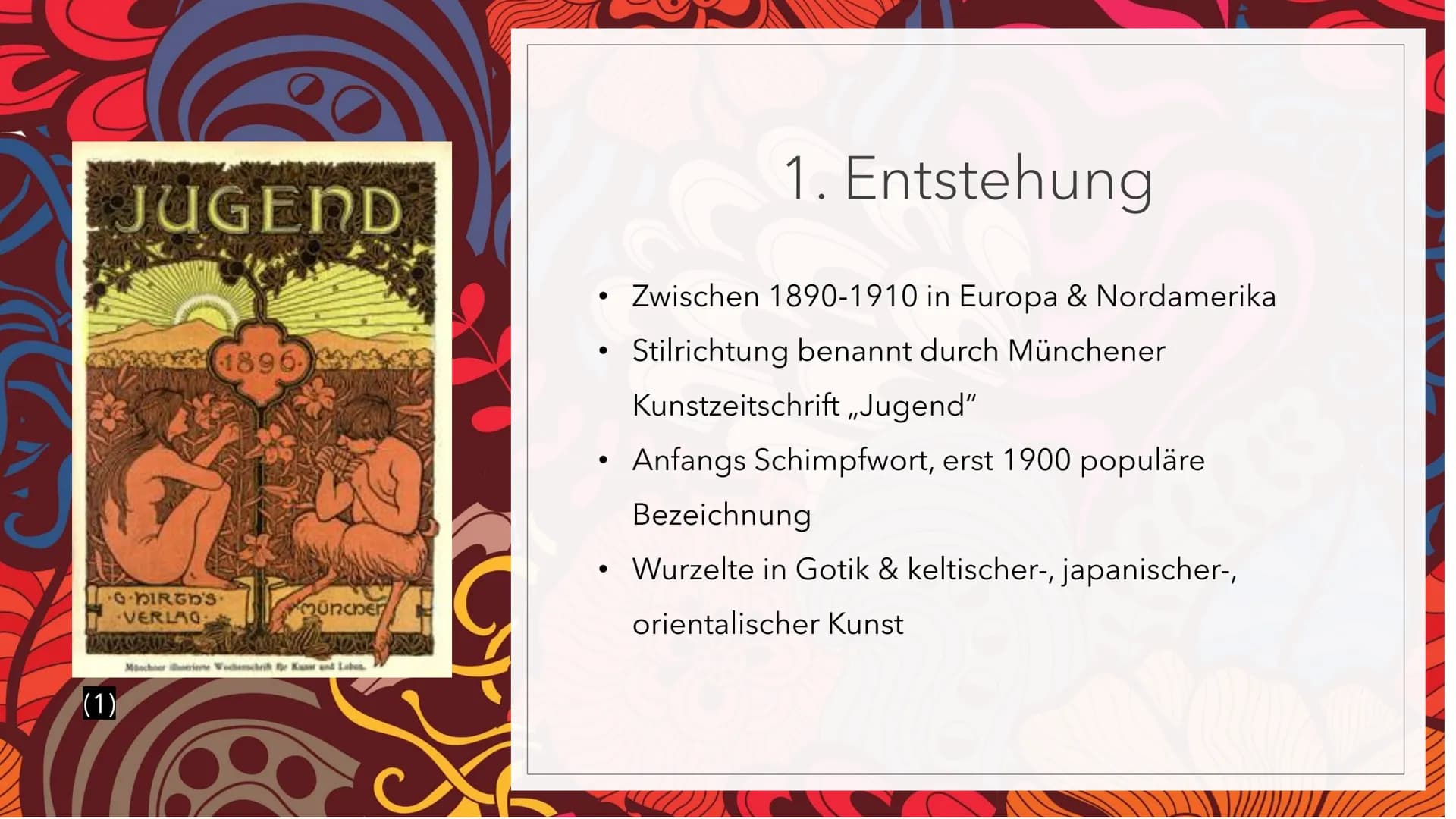 JUGENDSTIL # Gliederung

1. Entstehung

2. Lebensreformbewegung

3. Allgemeine Merkmale

4. Architektur

5. Skulptur

6. Quellen (1)

JUGEND