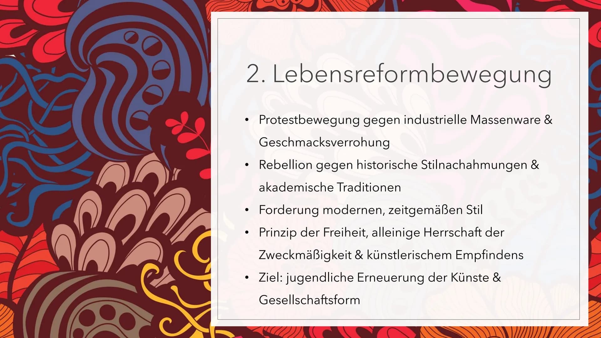 JUGENDSTIL # Gliederung

1. Entstehung

2. Lebensreformbewegung

3. Allgemeine Merkmale

4. Architektur

5. Skulptur

6. Quellen (1)

JUGEND