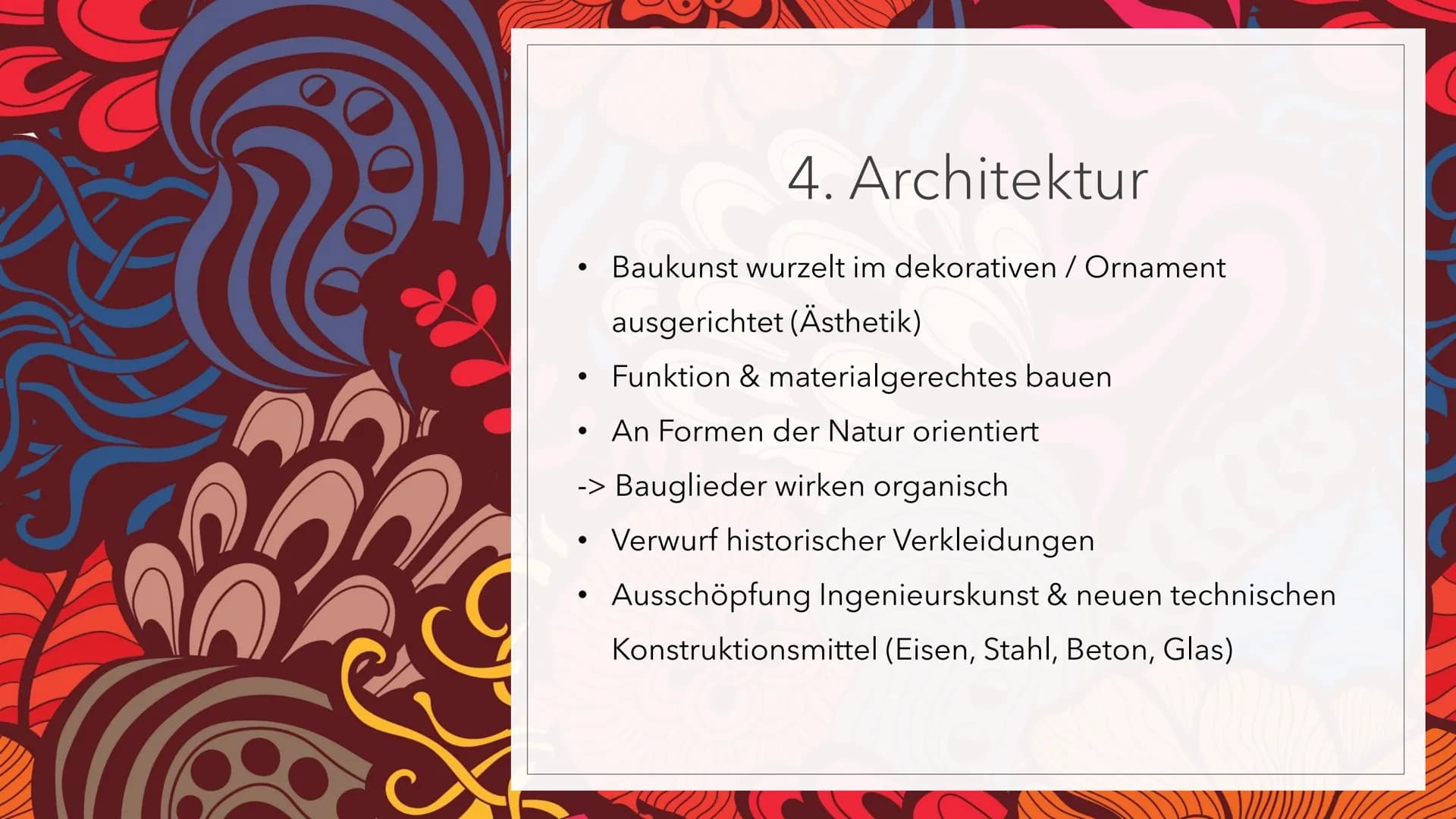 JUGENDSTIL # Gliederung

1. Entstehung

2. Lebensreformbewegung

3. Allgemeine Merkmale

4. Architektur

5. Skulptur

6. Quellen (1)

JUGEND