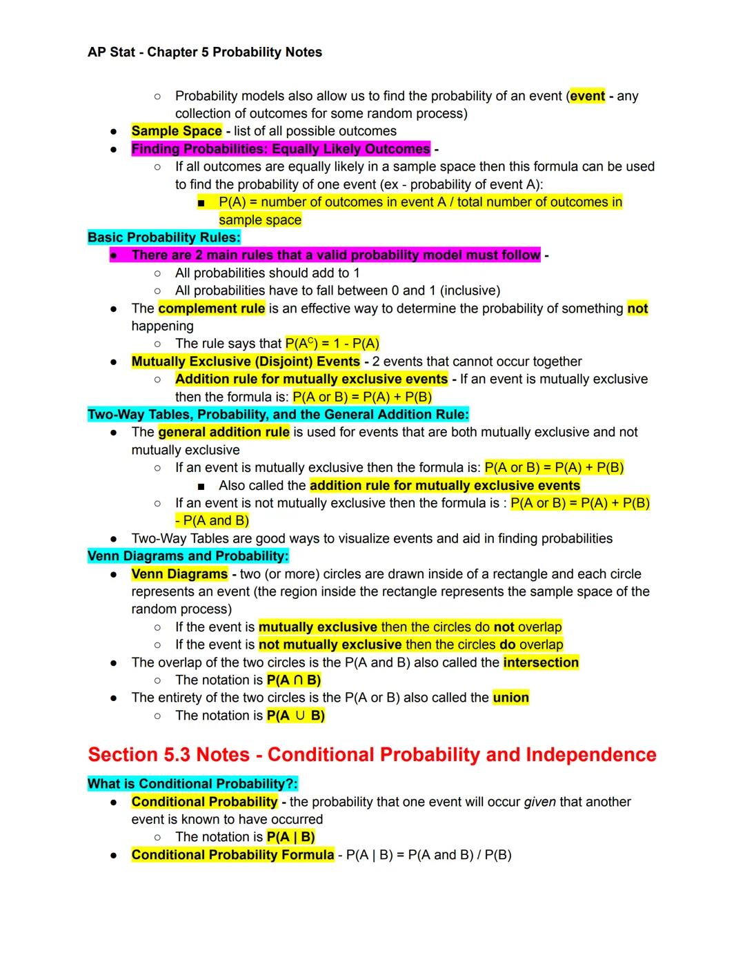 AP Stat - Chapter 5 Probability Notes

Section 5.1 Notes - Randomness, Probability, and Simulation

The Idea of Probability:
*   Random Proc