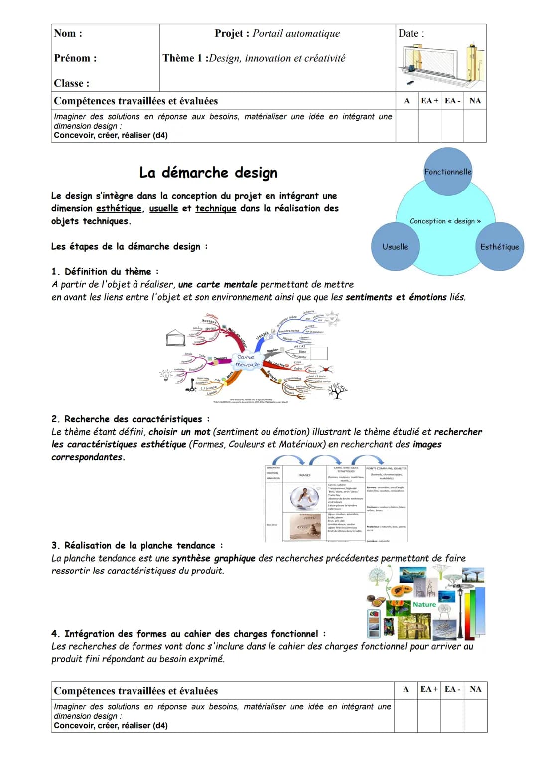 Nom:

Prénom:

Classe:

Projet: Portail automatique

Thème 1: Design, innovation et créativité

Date:

Compétences travaillées et évaluées

