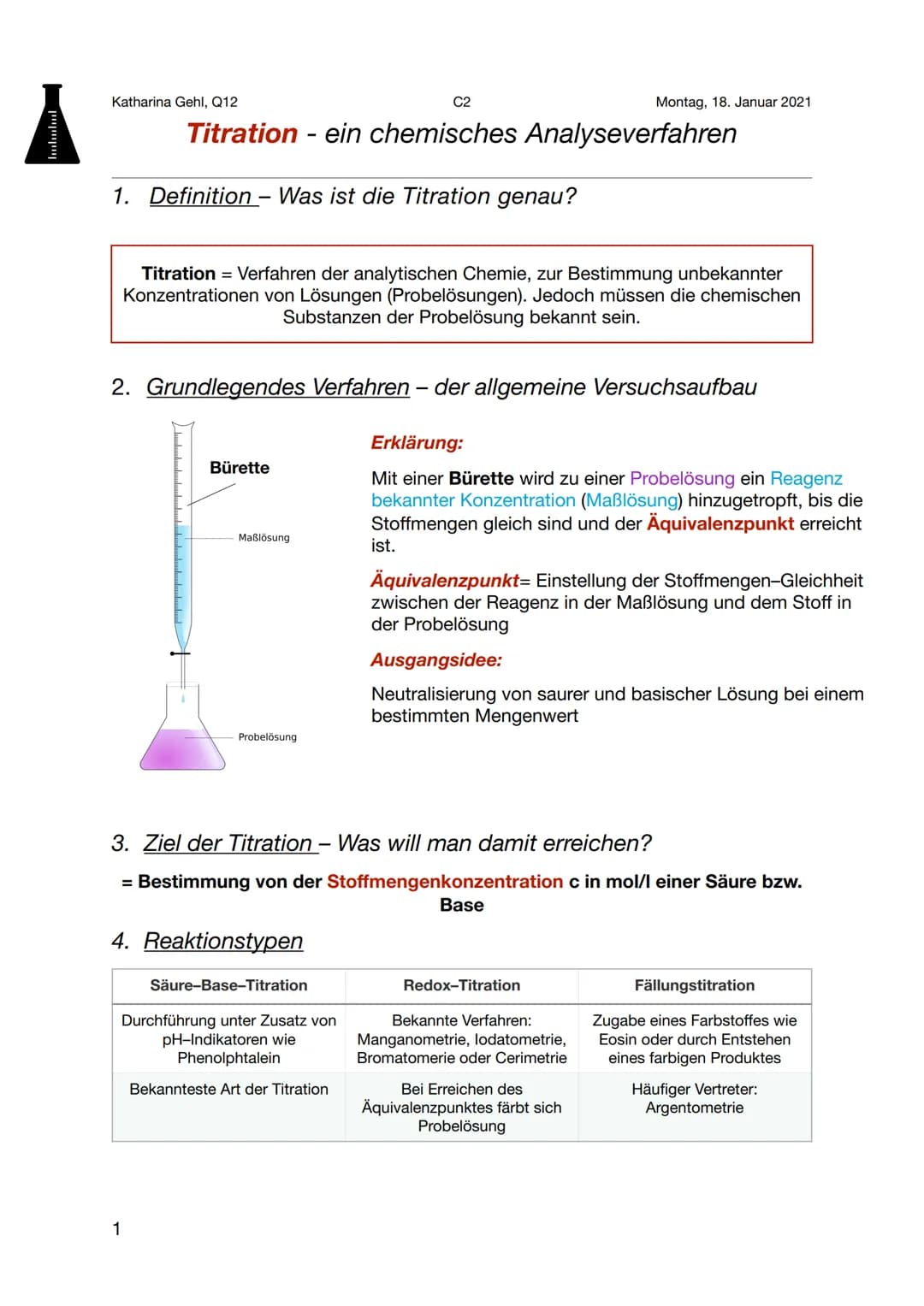 # Katharina Gehl, Q12

C2

Montag, 18. Januar 2021

# Titration - ein chemisches Analyseverfahren

## 1. Definition - Was ist die Titration 