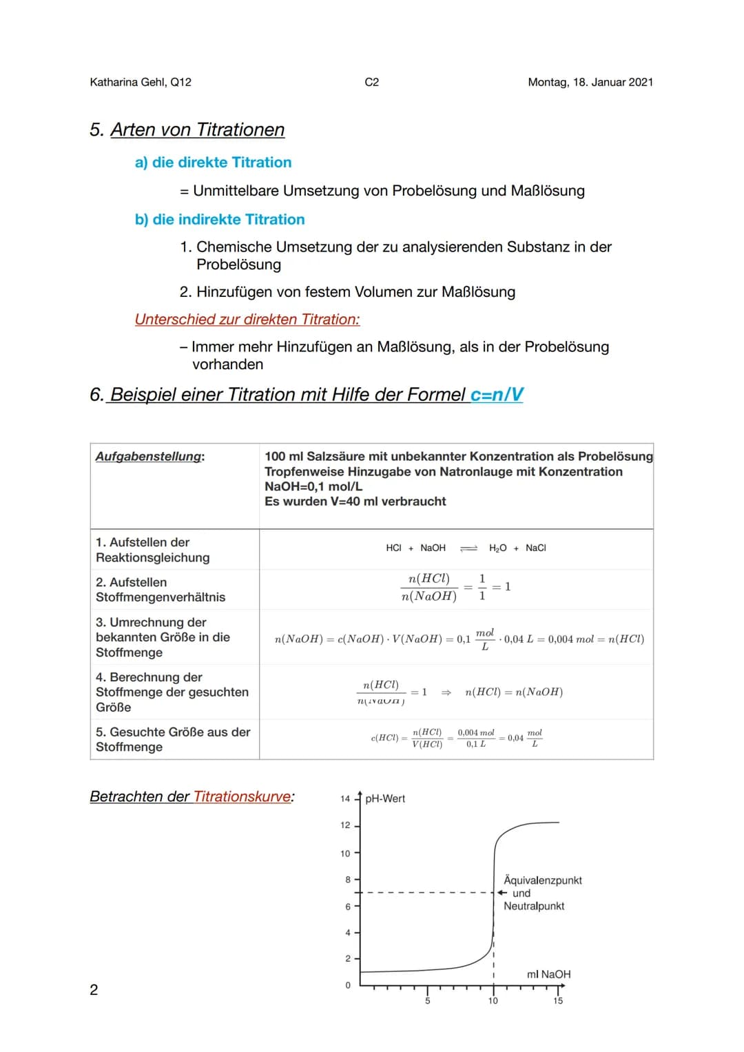 # Katharina Gehl, Q12

C2

Montag, 18. Januar 2021

# Titration - ein chemisches Analyseverfahren

## 1. Definition - Was ist die Titration 