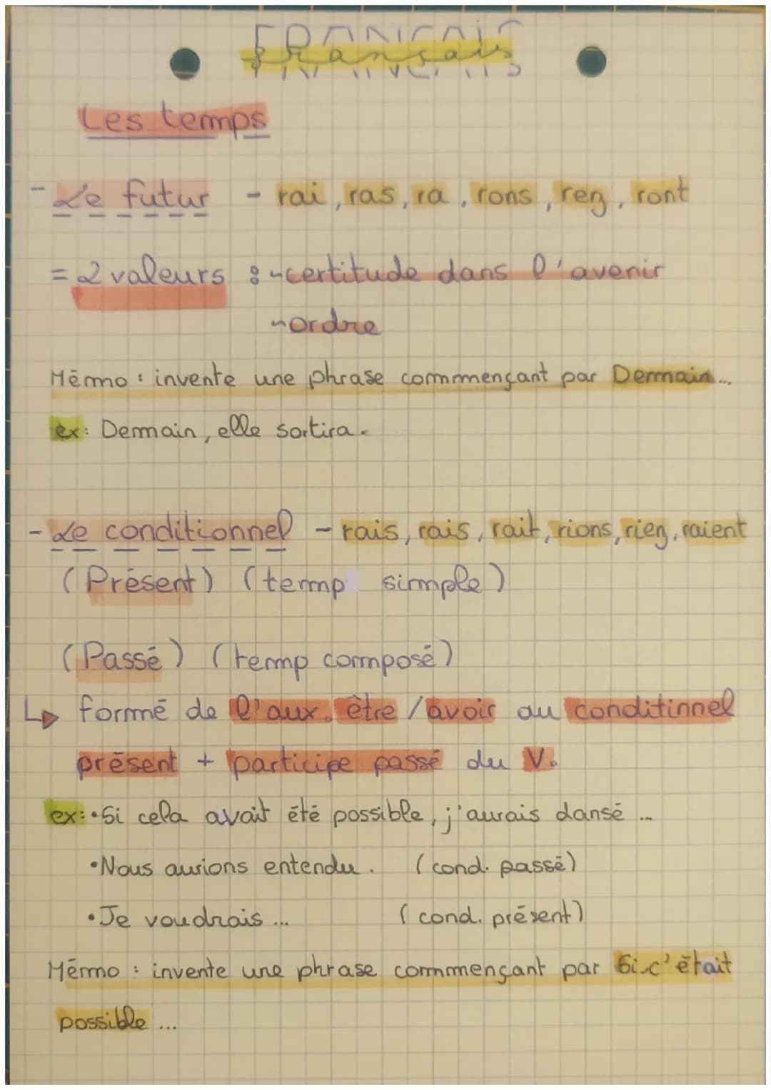 # français

Les temps

-Le futur
- rai, ras, ra, rons, ren, ront

= 2 valeurs : "certitude dans l'avenir

Ordre

Memo invente une phrase com