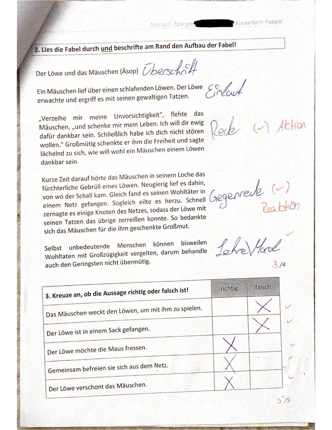 Deutsch Fahr
ursarbeit. Fabeln
Kursarbeit Deutsch - Klasse 6c - Fabeln
Name:
Inhalt: 40/46
(inkl. Wortwahl/Ausdruck)
R/Z/G: 4/4
3*100/219/21