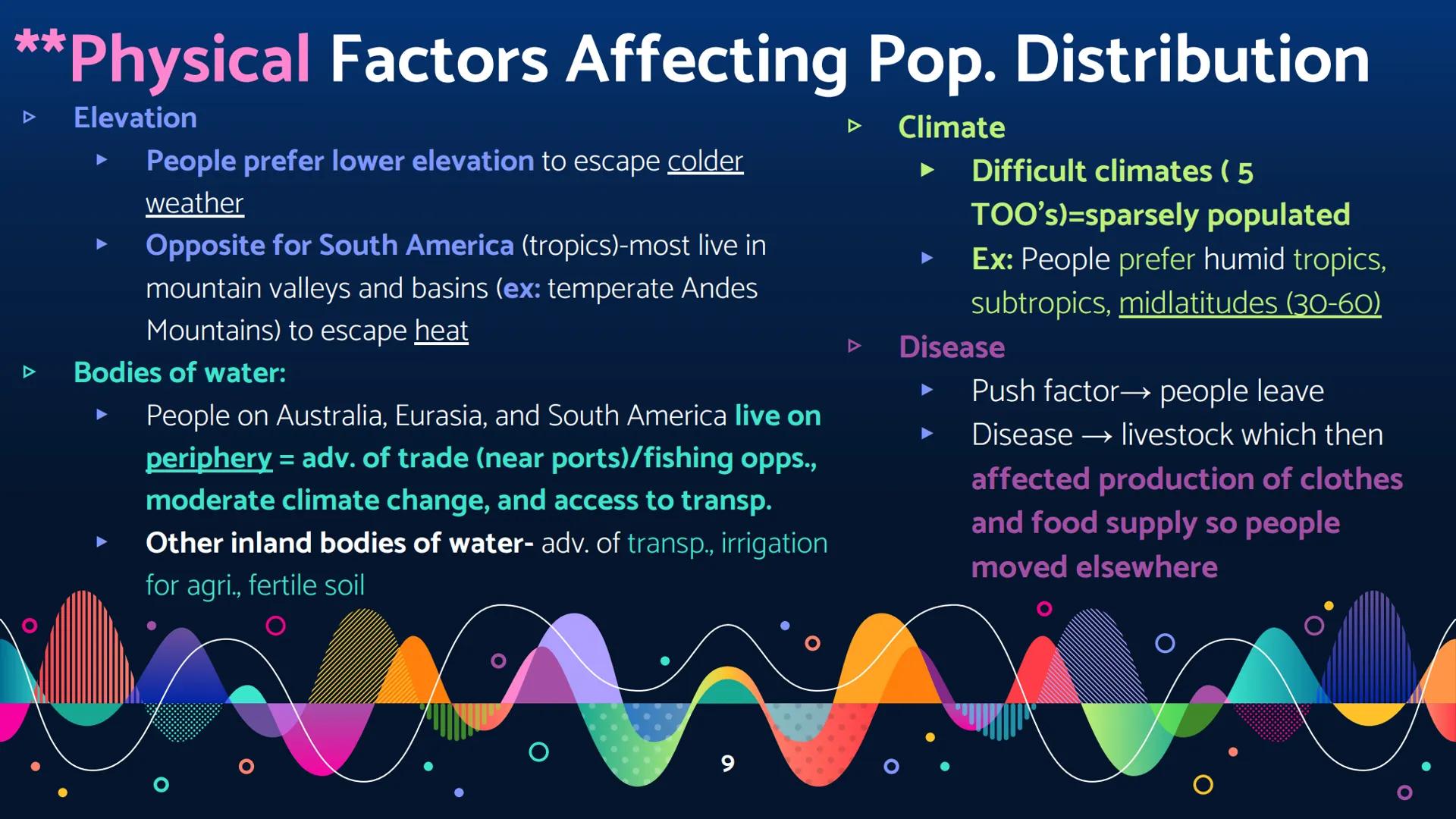 # Unit 2: Topic 1 EK's

2.1
• Physical factors (Climate, landforms, bodies of water) & human factors (culture,
economics, history, politics)