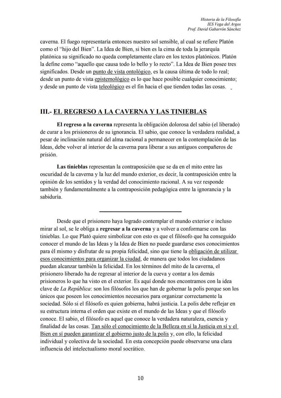 Historia de la Filosofia
IES Vega del Argos
Prof. David Gabarrón Sánchez

# PLATÓN

## ÍNDICE

- TEXTO: "El Mito de la Caverna" (Libro VII, 
