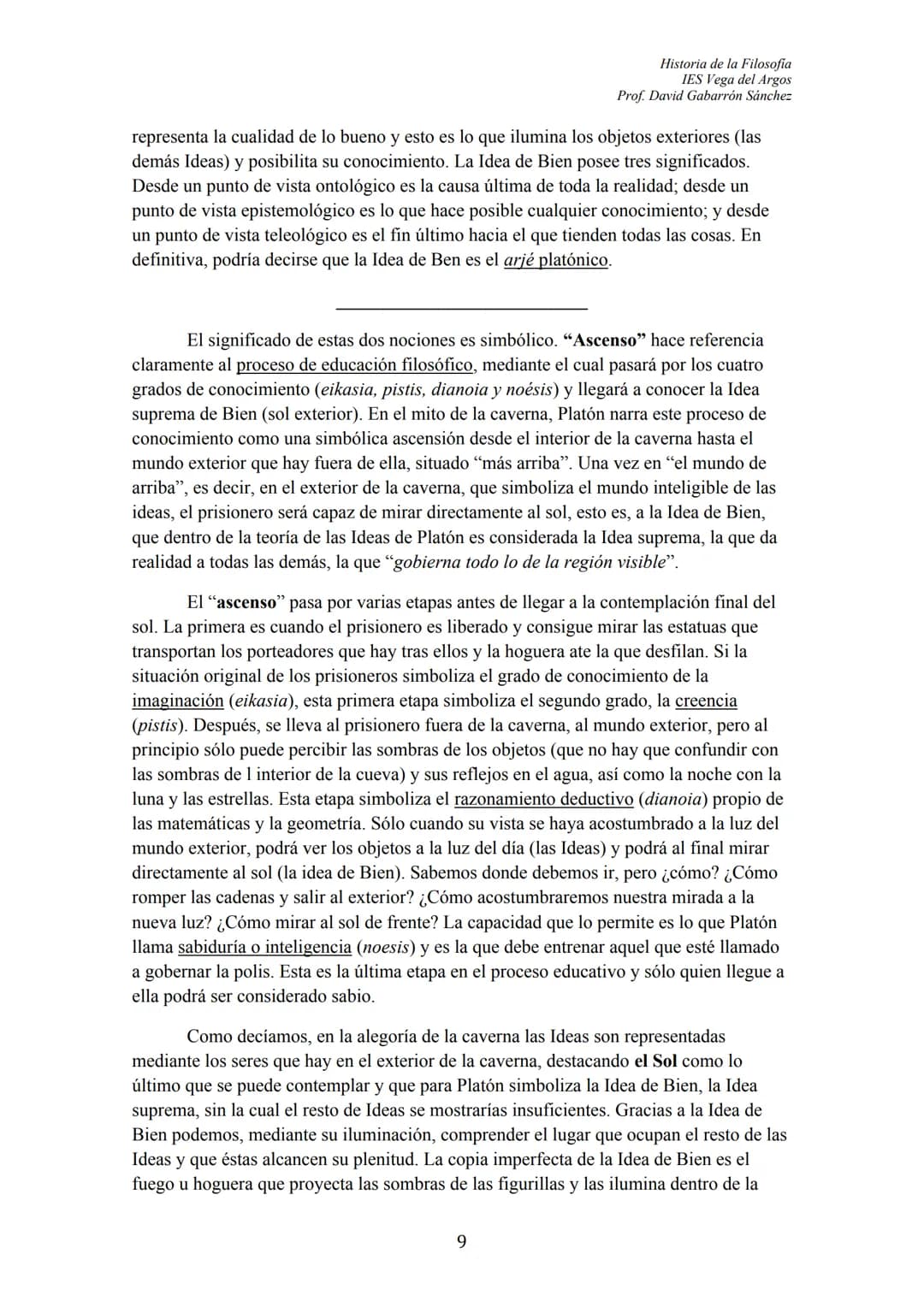 Historia de la Filosofia
IES Vega del Argos
Prof. David Gabarrón Sánchez

# PLATÓN

## ÍNDICE

- TEXTO: "El Mito de la Caverna" (Libro VII, 