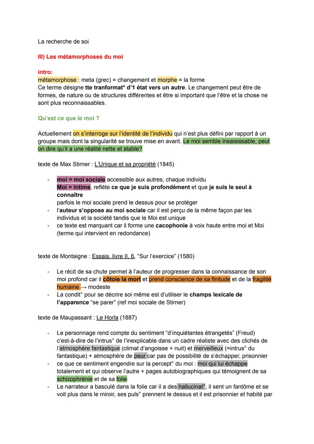 # La recherche de soi

III) Les métamorphoses du moi

intro:
métamorphose: meta (grec) = changement et morphe = la forme
Ce terme désigne tt