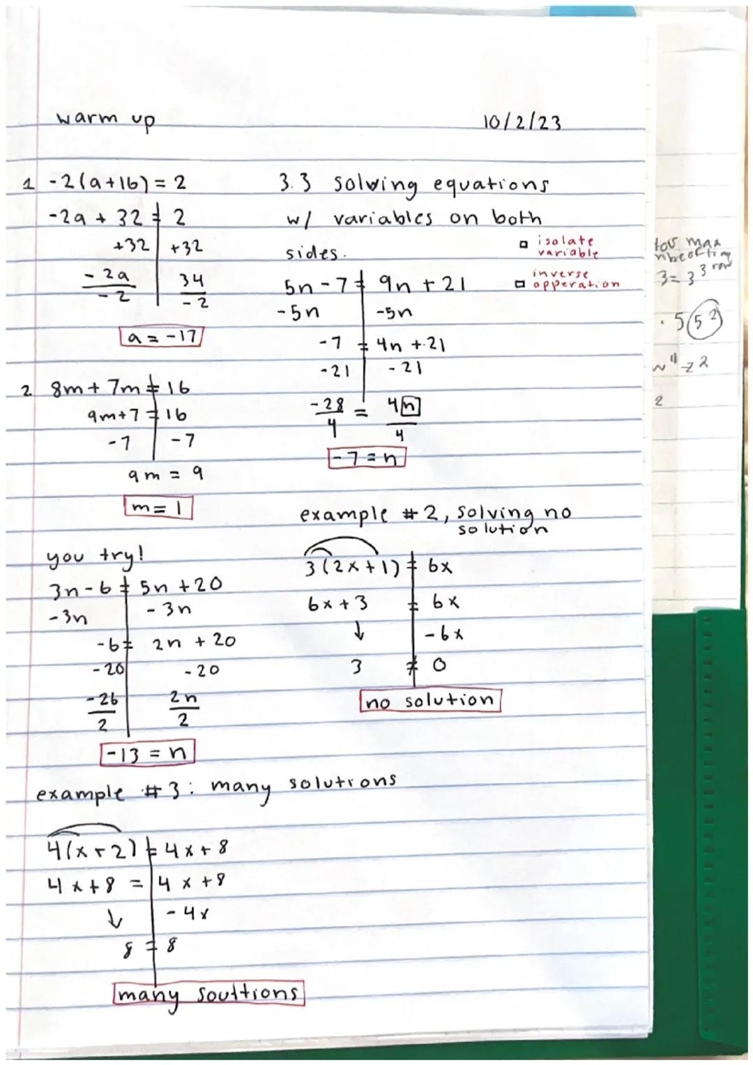# warm up
Iurt you
1. 5(y+3)-6
5y + 15-6
5y +9
2.-3(x+1)+4(8-x)-18
-3x-3+32-4x-18
-7x+29-18
-7x+11

9/26/23

p=add all sides.
a = multiply.
