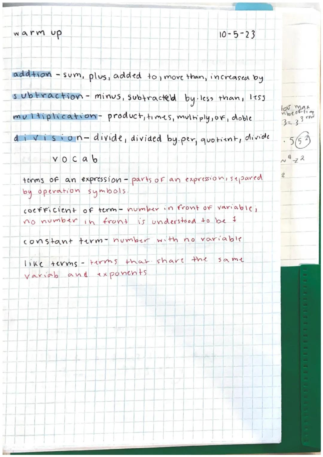 # warm up
Iurt you
1. 5(y+3)-6
5y + 15-6
5y +9
2.-3(x+1)+4(8-x)-18
-3x-3+32-4x-18
-7x+29-18
-7x+11

9/26/23

p=add all sides.
a = multiply.
