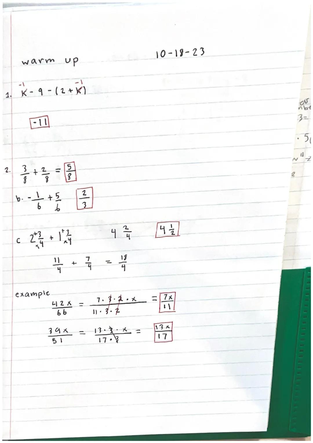 # warm up
Iurt you
1. 5(y+3)-6
5y + 15-6
5y +9
2.-3(x+1)+4(8-x)-18
-3x-3+32-4x-18
-7x+29-18
-7x+11

9/26/23

p=add all sides.
a = multiply.

