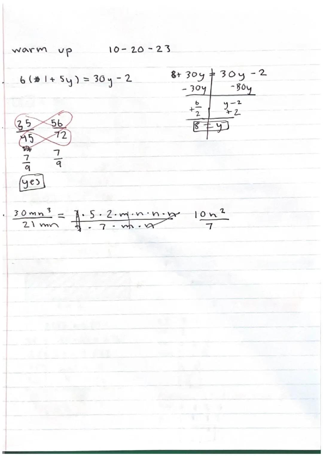 # warm up
Iurt you
1. 5(y+3)-6
5y + 15-6
5y +9
2.-3(x+1)+4(8-x)-18
-3x-3+32-4x-18
-7x+29-18
-7x+11

9/26/23

p=add all sides.
a = multiply.
