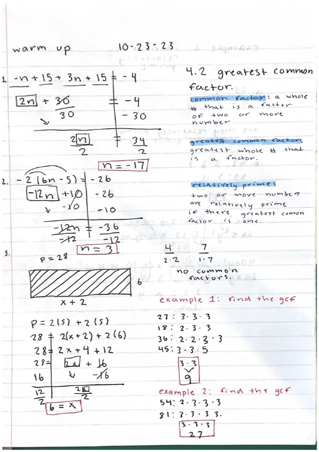 # warm up
Iurt you
1. 5(y+3)-6
5y + 15-6
5y +9
2.-3(x+1)+4(8-x)-18
-3x-3+32-4x-18
-7x+29-18
-7x+11

9/26/23

p=add all sides.
a = multiply.
