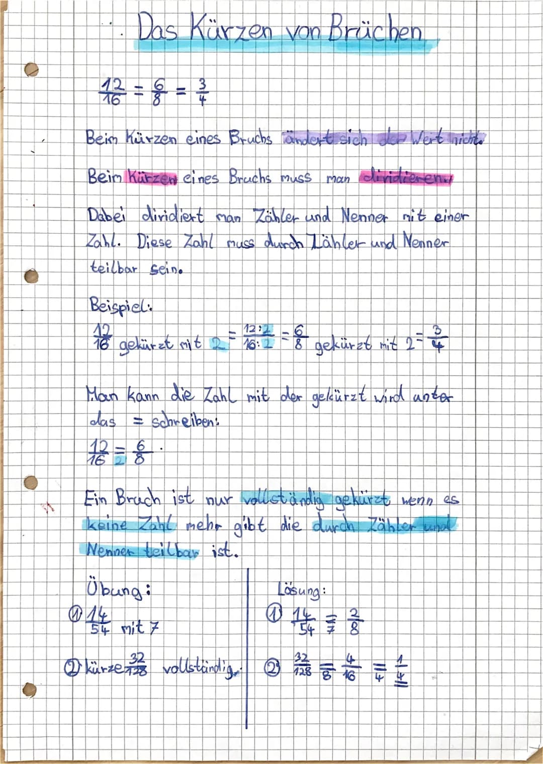 # Das Kürzen von Brüchen

$
\frac{12}{16} = \frac{6}{8} = \frac{3}{4}
$

Beim Kürzen eines Bruchs ändert sich der Wert nich

Beim Kürzen ein
