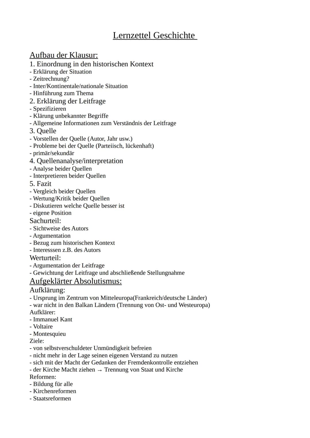 Lernzettel Geschichte

Aufbau der Klausur:
1. Einordnung in den historischen Kontext
- Erklärung der Situation
- Zeitrechnung?
- Inter/Konti