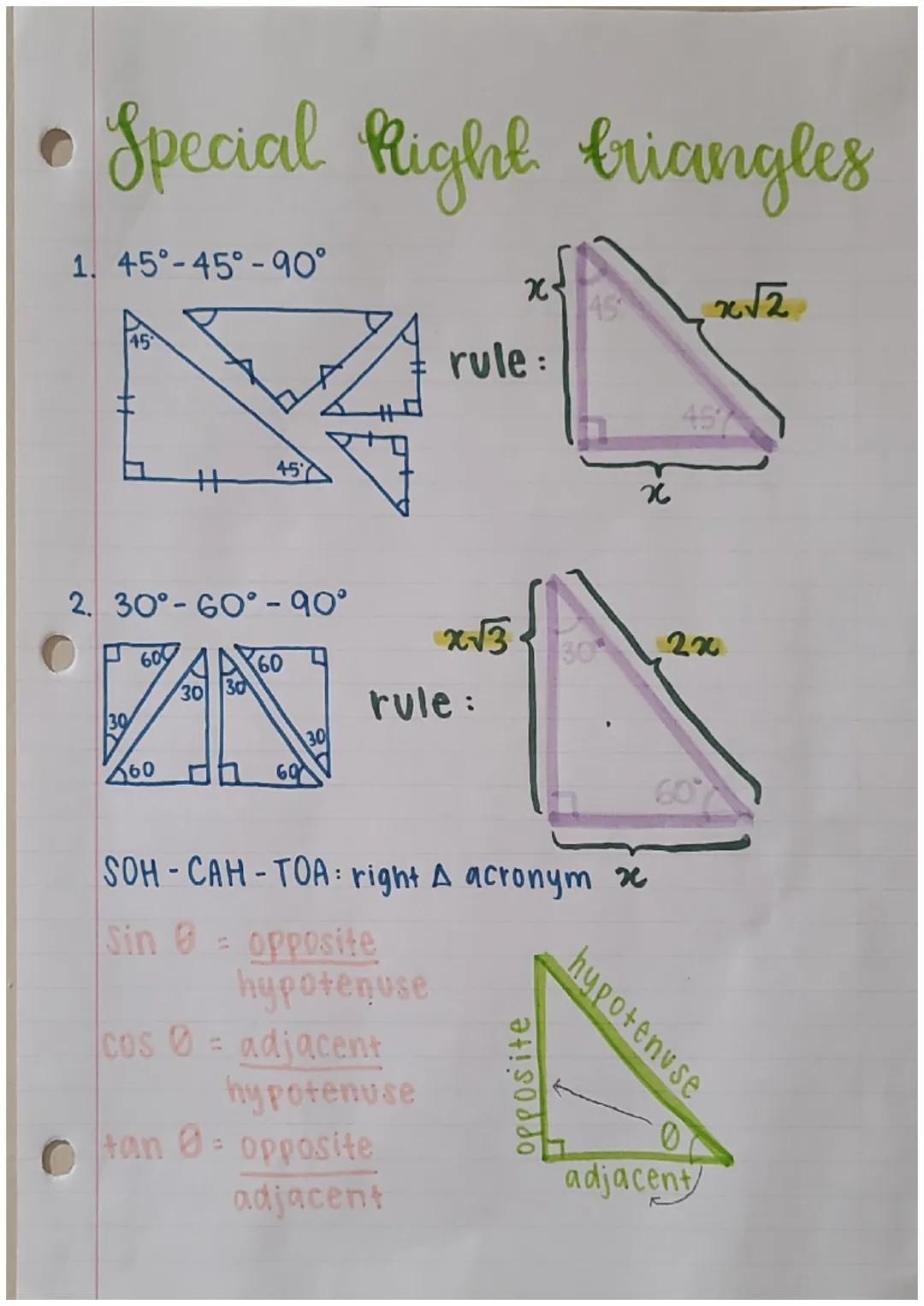 # Special Right briangles

1. 45°-45°-90°

土

45

45

2. 30°-60° -१०°

κ

45

$x√2$

rule:

κ

45

609

$x√ত্ত$

60

30

2x

30 30

30

rule