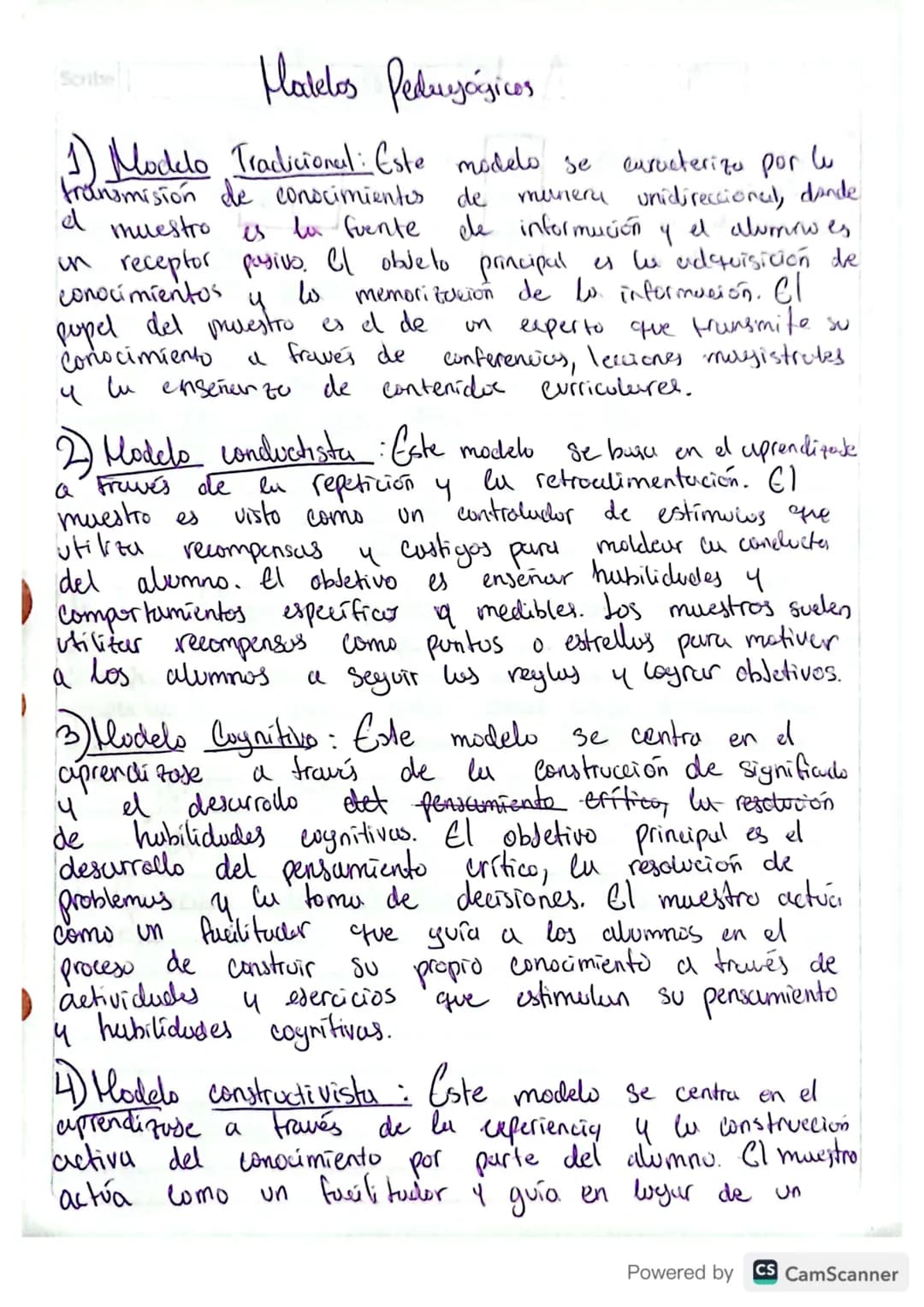 Scribn
# Hatelos Pedujógicos

1) Modelo Tradicional: Este modelo se eurocteriza por lu
transmisión de conocimientos de munera unidireccional