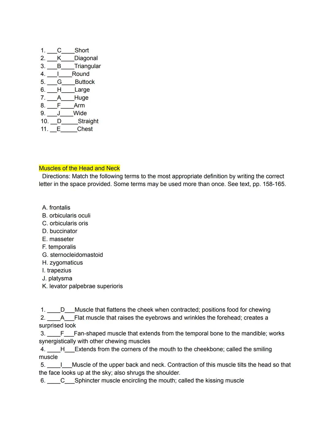 # Types of Muscles
Directions: Match the following terms to the most appropriate definition by writing the correct
letter in the space provi