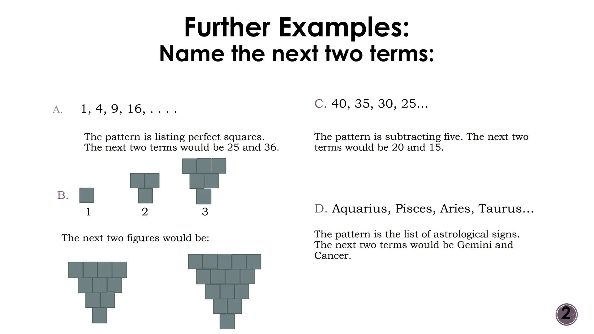 # Logic and Reasoning

Patterns and Inductive Reasoning

2 # Vocabulary

- Inductive Reasoning: reasoning based on
observed patterns.
- Conj