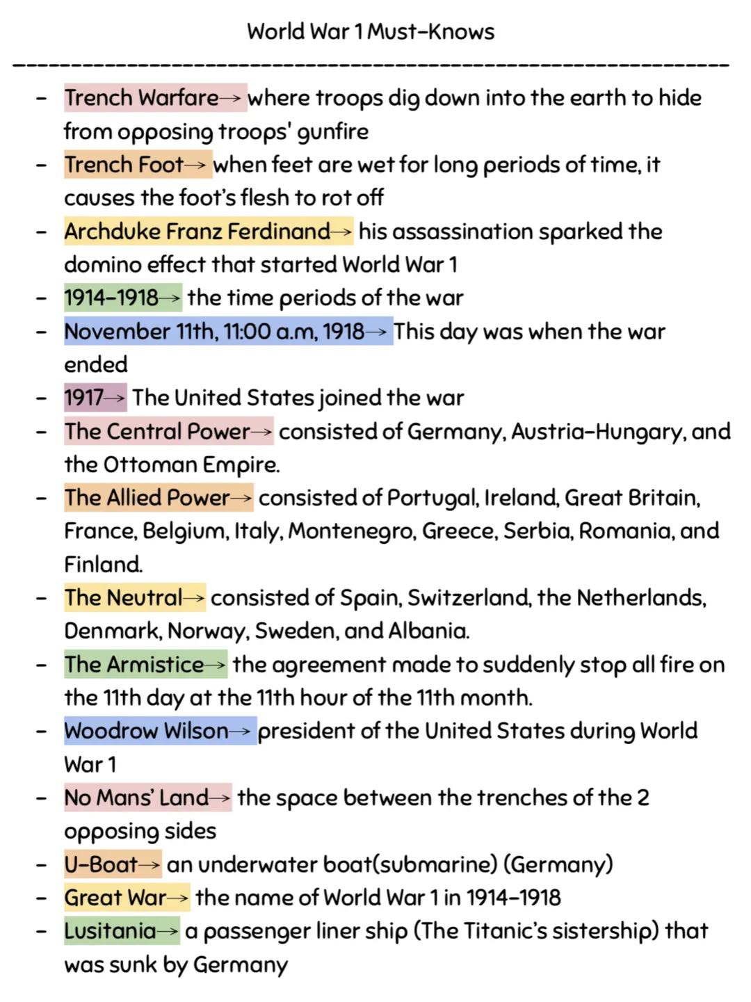# World War 1 Must-Knows

- Trench Warfare where troops dig down into the earth to hide
from opposing troops' gunfire
- Trench Foot when fee