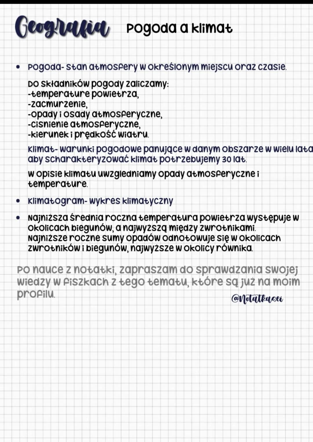 # Geografia Pogoda a klimat
• Pogoda- stan atmosfery w określonym miejscu oraz czasie.
DO Składników pogody zaliczamy:
-temperature powietrz