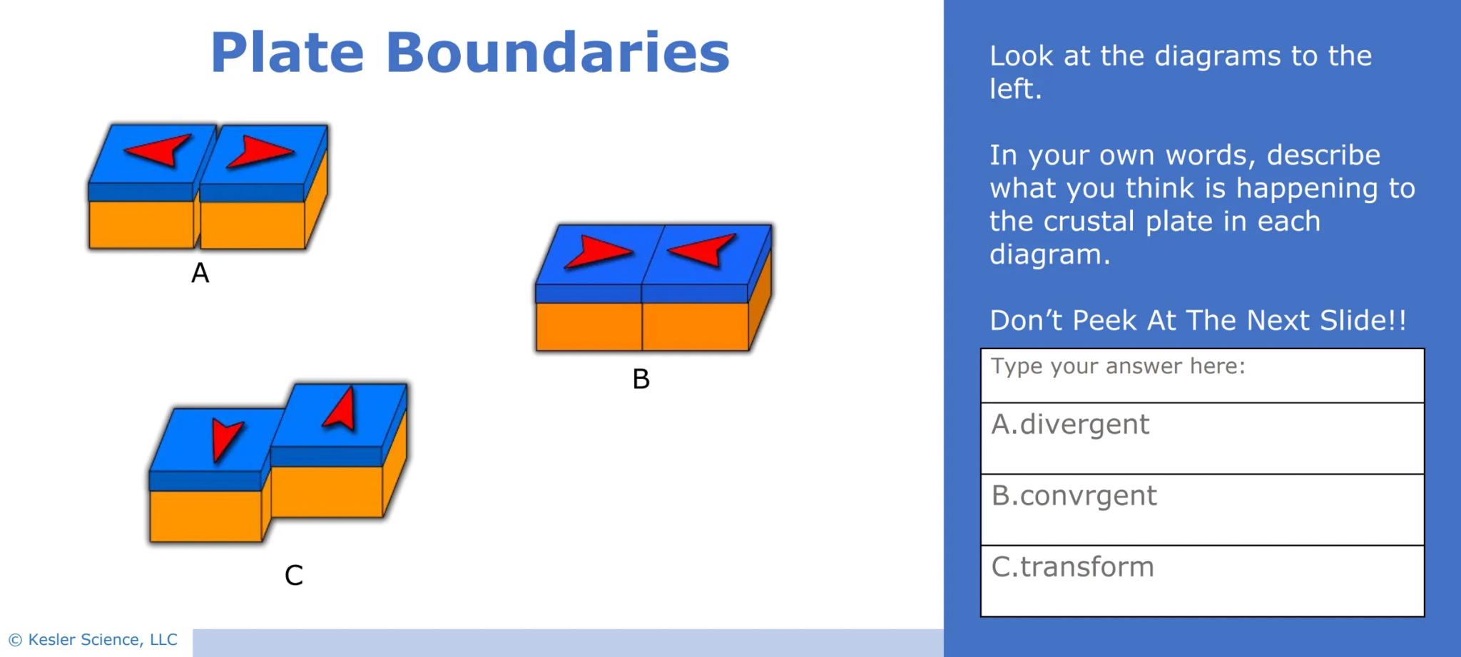 4

கர்

Plate
Boundaries

Presented by Kesler Science

Vers. 08/2020 © Kesler Science, LLC Reflect on the Essential
Questions before you div