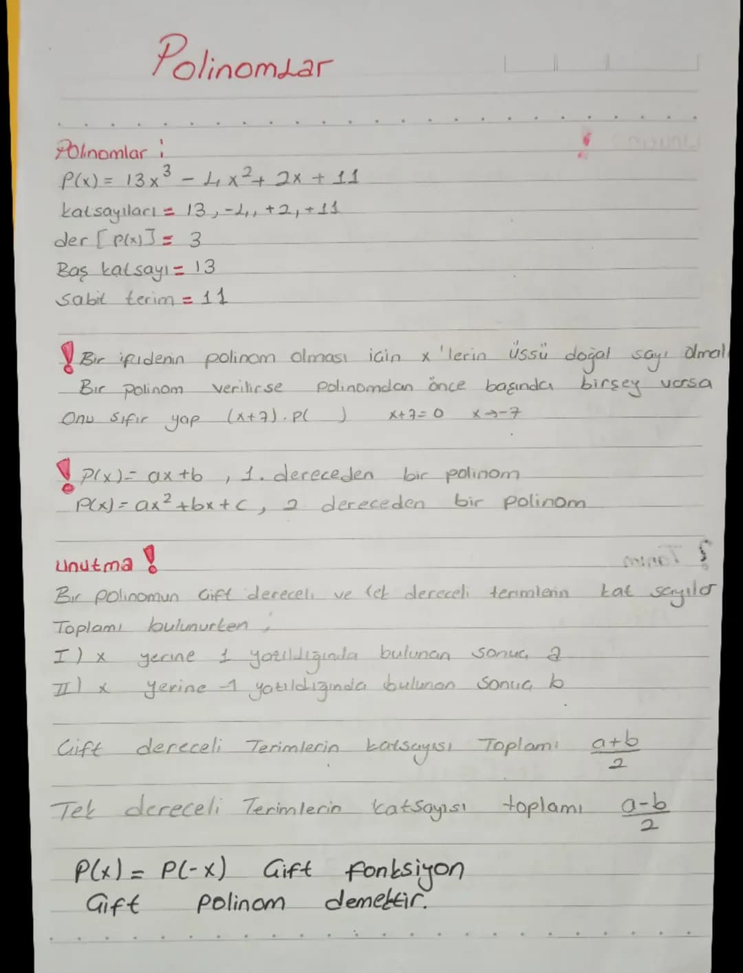 # Polinomdar

Polinomlari
P(x) = 13x3-4x² + 2x + 11
katsayıları = 13,-2,, +2, +11
der [P(x)] 3
Baş kalsayı 13
Sabit terim = 11
6
Bir ifideni