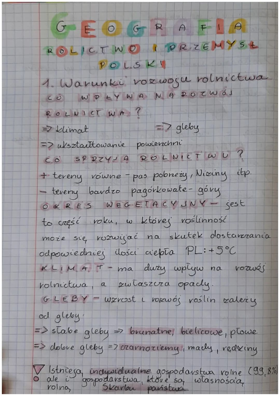 # GEOGRAFIA

ROLIC T WO I PRZEMYSŁ

POLSK!

1. Warunki rozwoju rolnictwa.

CO WDEYWA NA ROτωός

ROLNICT WA?

=> klimat => gleby

=> ukształt
