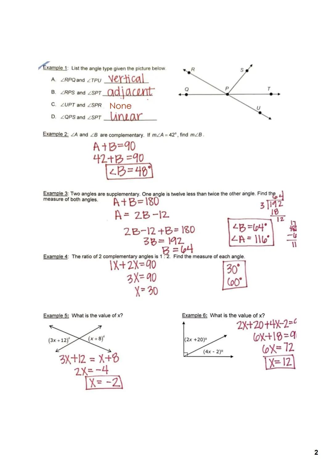 Geometry: Unit 1 - Pairs of Angles
1.4 Student Notes - Pairs of Angles
Essential Question:
Complementary Angle: angles that add up to = 90°
