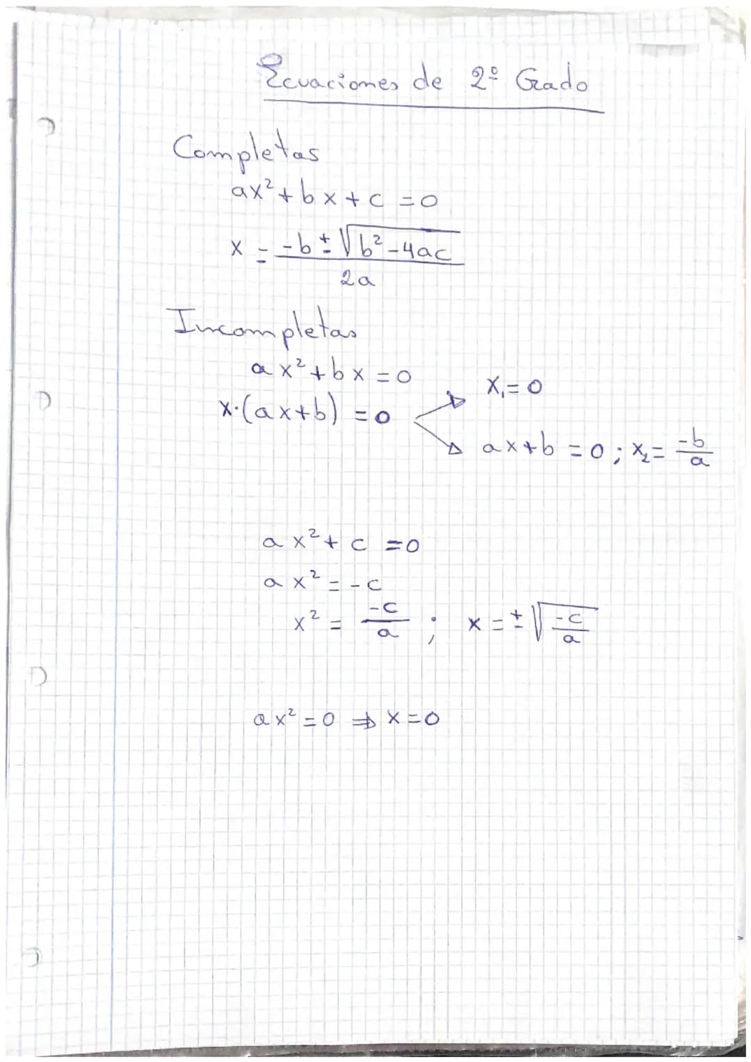 Ecuaciones de 2º Gado

Completas
$ax² + bx + c = 0$
$x = \frac{-b \pm \sqrt{b²-4ac}}{2a}$

Incompletas
$ax² + b x = 0$
$x(ax+b) = 0$

$x_1 =