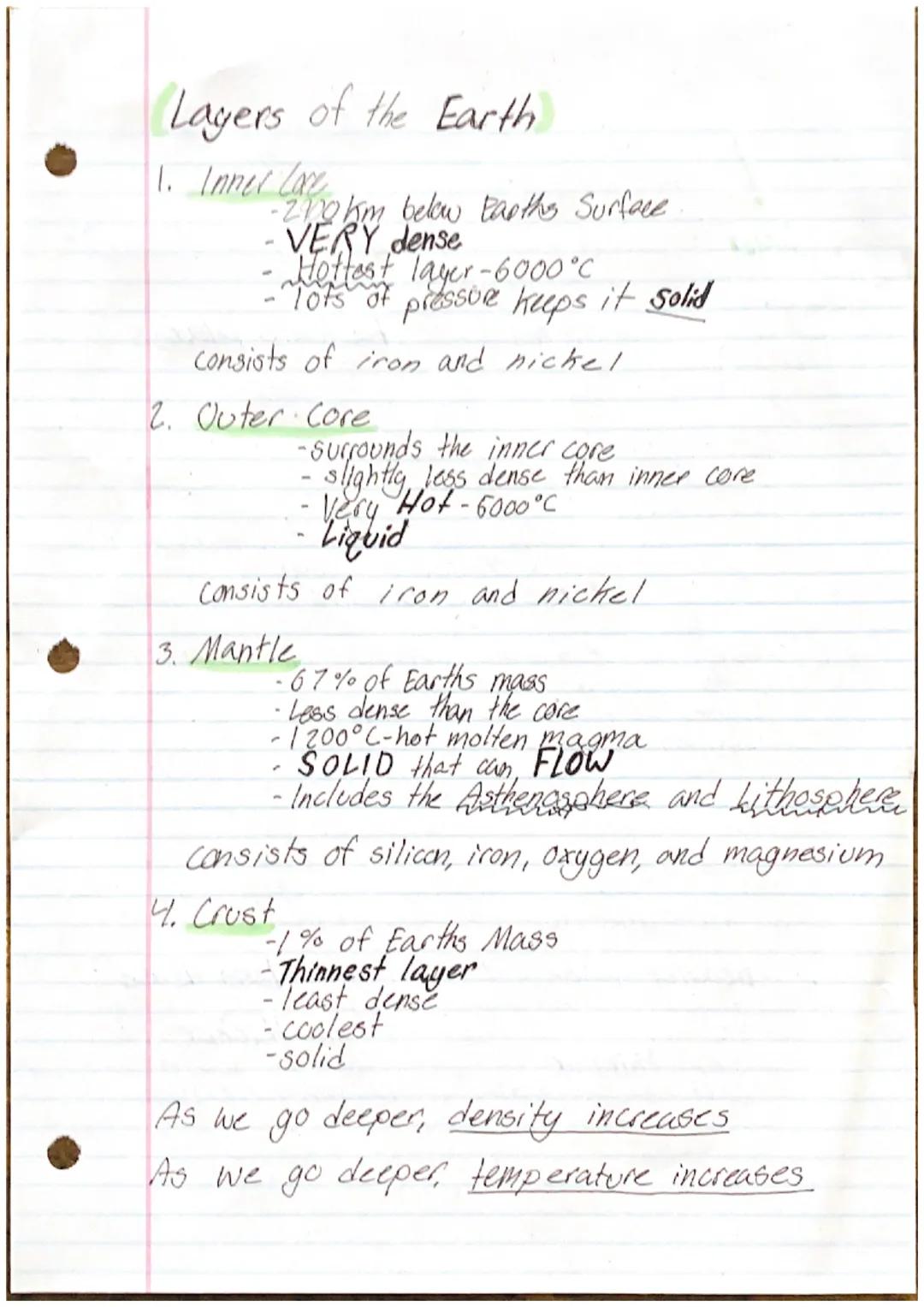 Layers of the Earth

1. Inner Love
-200km below Earths Surface
-VERY dense
•Hottest layer-6000°C
- lots of pressure keeps it solid

consists
