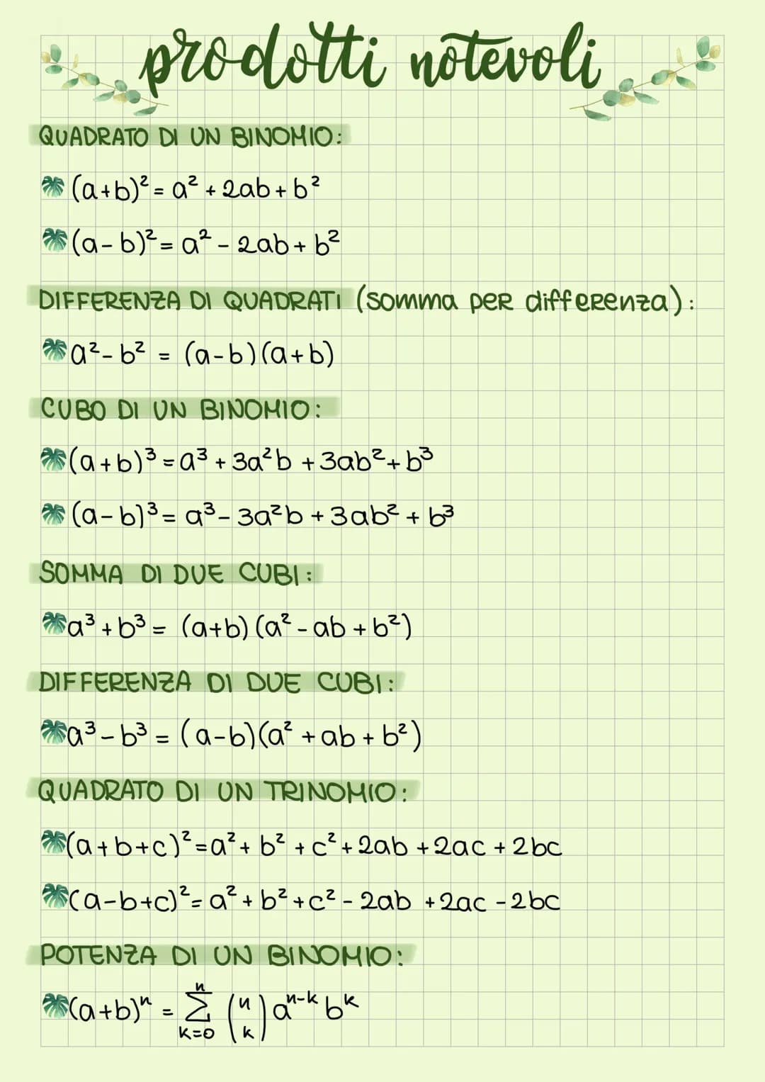# prodotti notevoli

QUADRATO DI UN BINOMI0:
*   (a+b)² = a² + 2ab + b²
*   (a-b)²= a²-2ab+b²

DIFFERENZA DI QUADRATI (Somma per differenza)