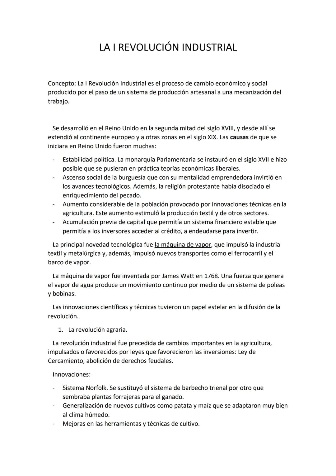 # LA I REVOLUCIÓN INDUSTRIAL

Concepto: La I Revolución Industrial es el proceso de cambio económico y social
producido por el paso de un si