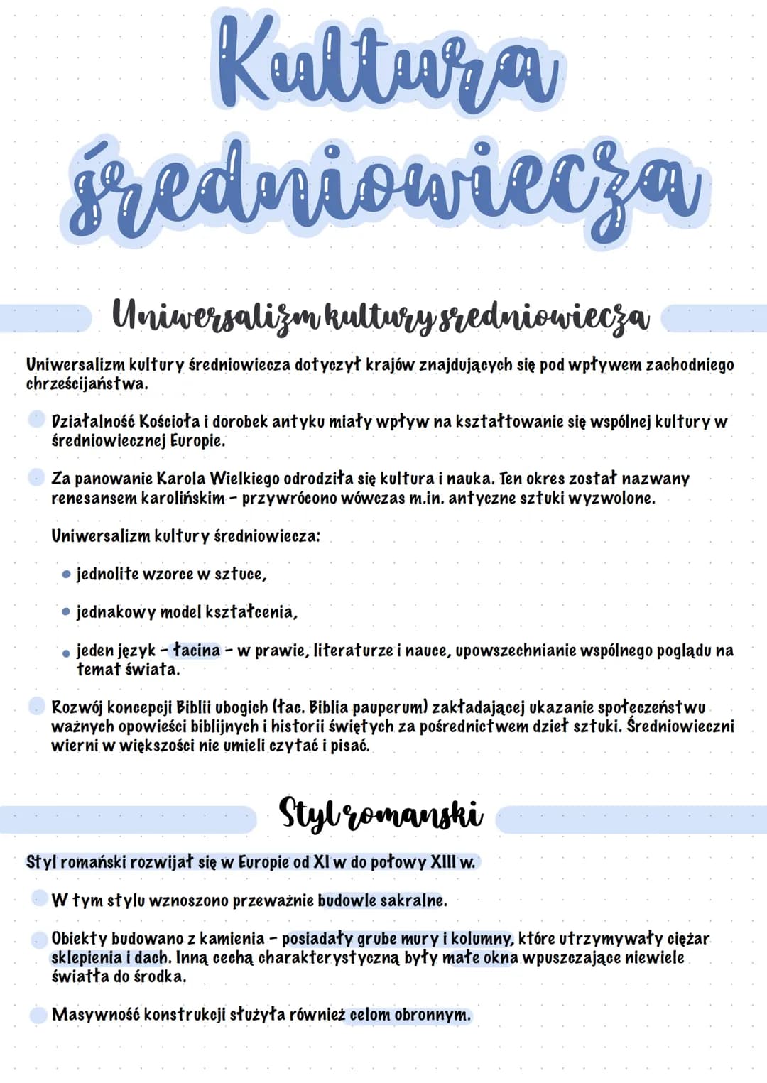 # Kultura
średniowiecza

## Uniwersalizm kultury sredniowiecza

Uniwersalizm kultury średniowiecza dotyczył krajów znajdujących się pod wpły