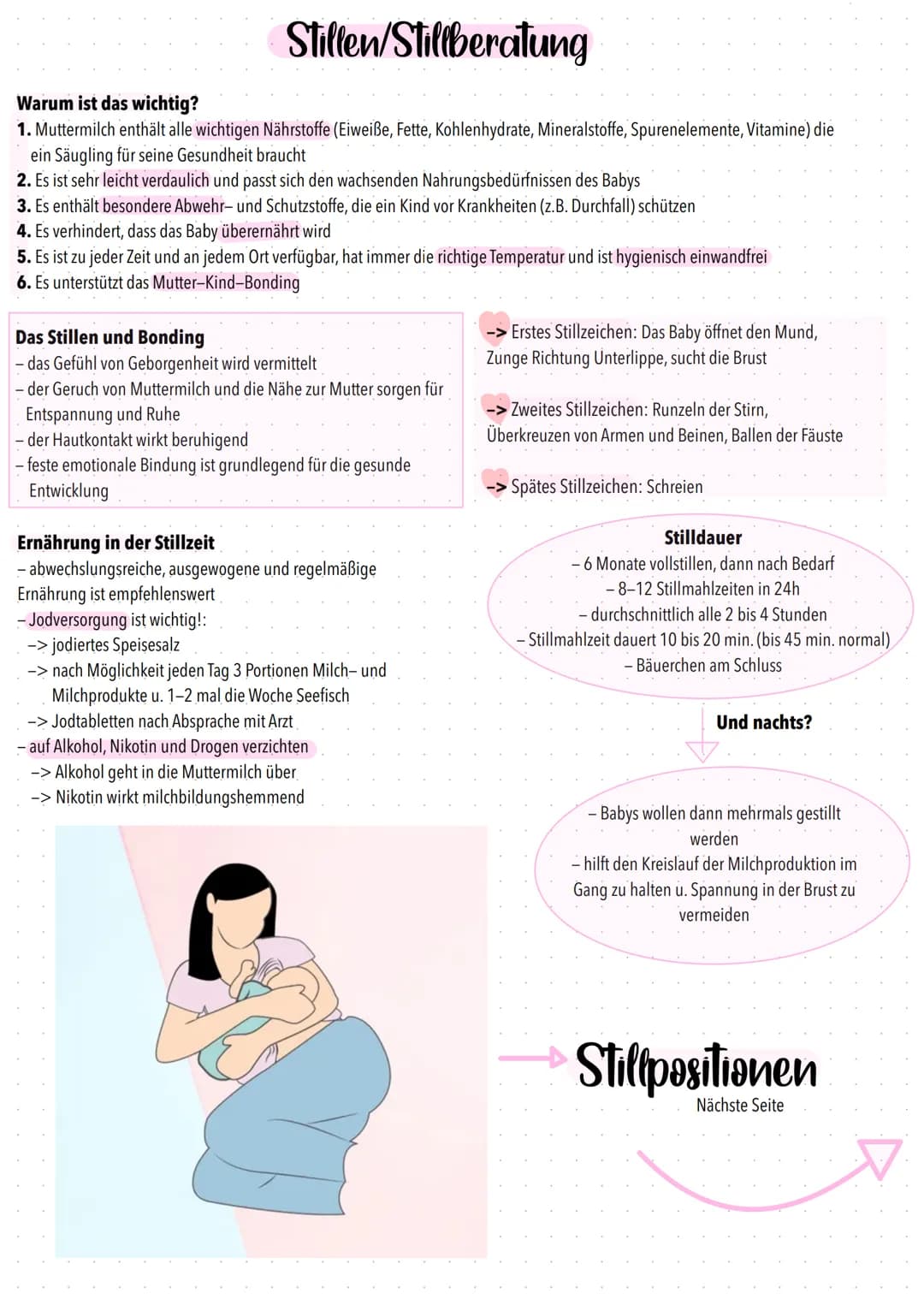 # Stillen/Stillberatung

Warum ist das wichtig?

1. Muttermilch enthält alle wichtigen Nährstoffe (Eiweiße, Fette, Kohlenhydrate, Mineralsto