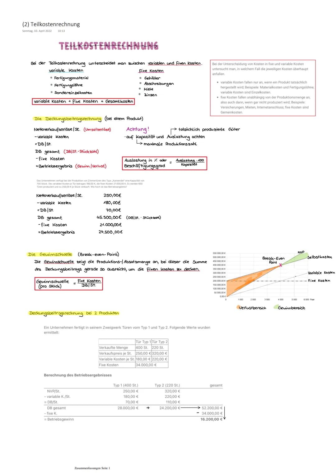 (2) Teilkostenrechnung
Sonntag, 10 April 2022 10:13

# TEILKOSTENRECHNUNG

Bei der Teilkostenrechnung unterscheidet man swischen variablen u