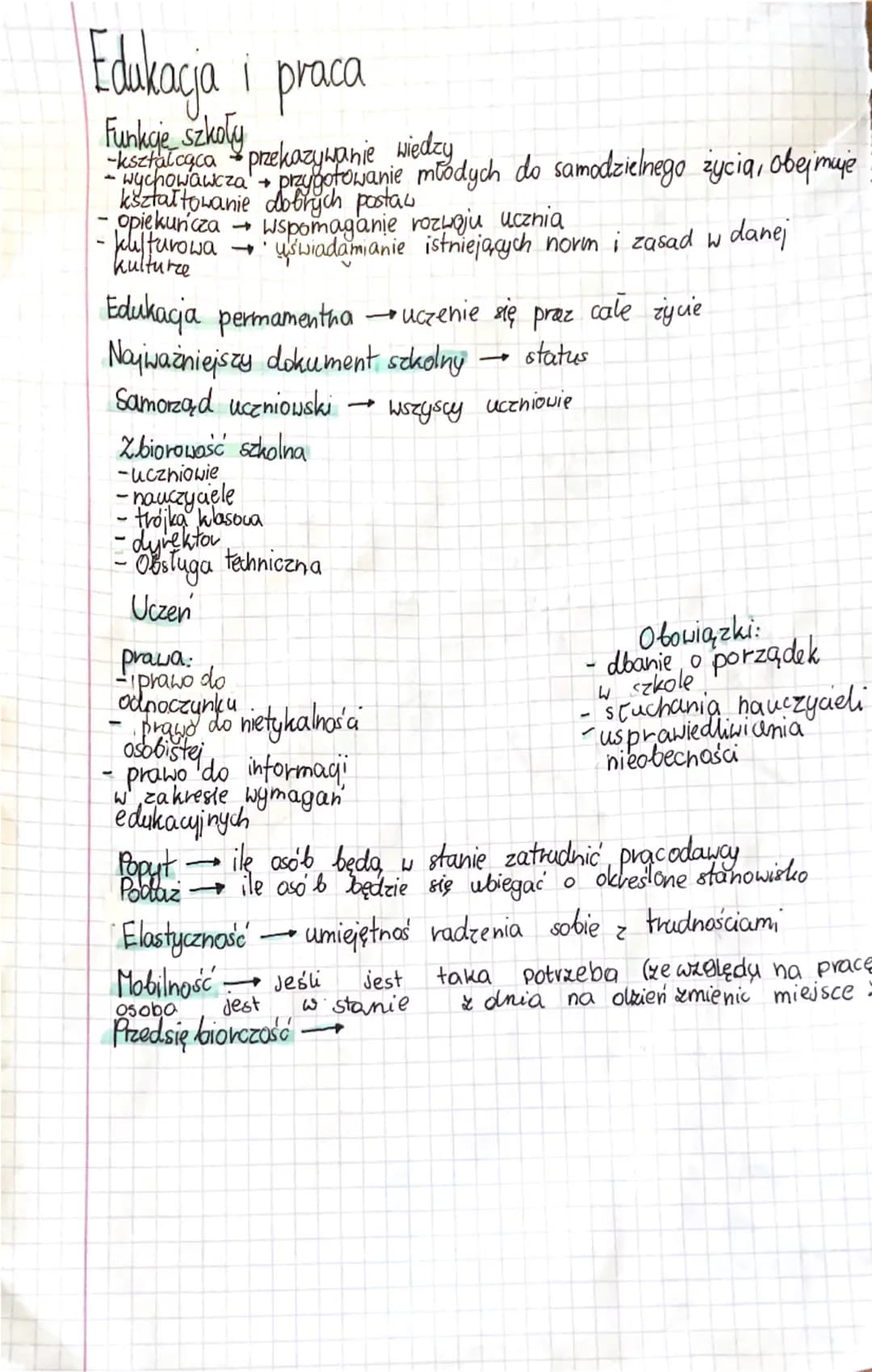 Edukacja i praca

Funkcie szkoły przekazywanie wiedzy
-kształcąca
-wychowawcza → przygotowanie młodych do samodzielnego życia, obejmuje
kszt