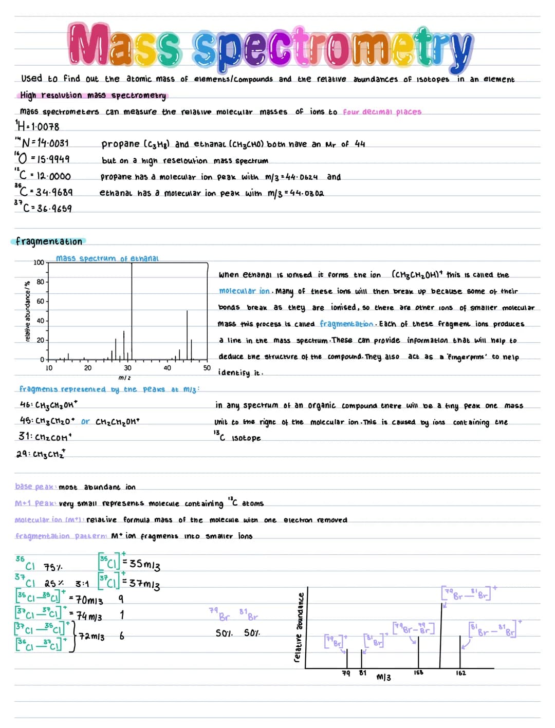 # Mass spectrometry

Used to find out the atomic mass of elements/Compounds and the relative abundances of isotopes in an element

High reso